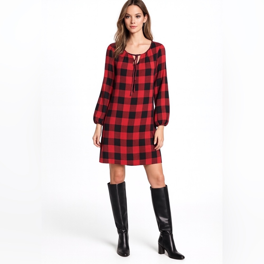 MADEWELL Red & Black Buffalo Plaid wool blend tie neck shift dress size small